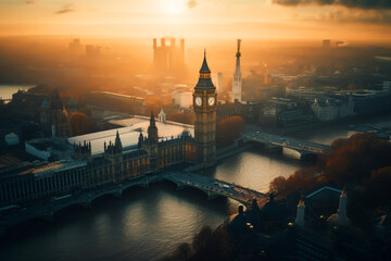 Naklejka premium Big Ben Clock Tower in London on sunset. Westminster Bridge in London city aerial view. City streets in England, UK, United Kingdom. Big Ben in London, drone view. Ai generative illustration.