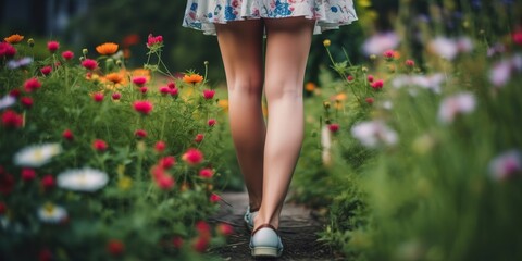 Female legs in short skirt flowers field, concept of Feminine beauty and Floral fashion, created with Generative AI technology