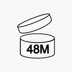 48m PAO icon. 48 months or 4 years period after opening sign. Thin line jar with open lid and number. Product freshness time. Cosmetic, shampoo, makeup validity mark