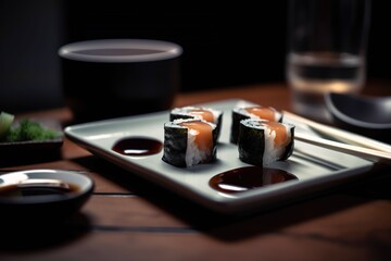Obraz na płótnie Canvas Close up of gourmet plate of sushi. Generative AI