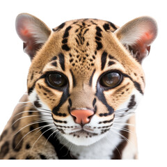 an isolated ocelot jungle cat face portrait, front view, side view, safari-themed photorealistic illustration on a transparent background cutout in PNG, generative ai