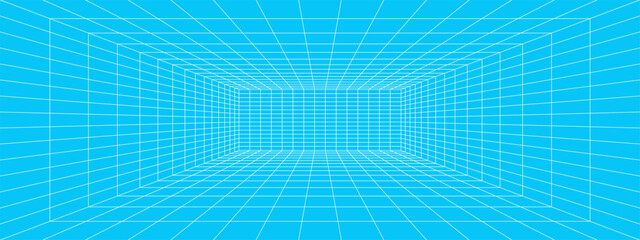Rectangle room white wireframe in perspective on blue background. Hallway, studio, portal or box grid structure. Engineering, architecting or technical isometric scheme