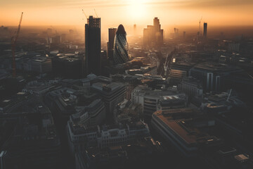 London skyscrapers at sunset. London, aerial view. Banking district in city center of United Kingdom, England, UK. Cityscape financial district. Willis Building, Tower Exchange. AI Generative.