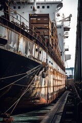 Old cargo ship close up shot. Generative AI vertical shot