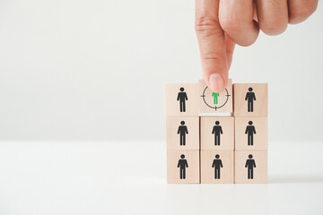 Target customer, buyer persona, marketing segmentation, job search, job recruitment concept. Personalization marketing, customer centric strategies. Wooden cube blocks focused on target customer.