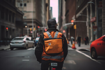 Naklejka premium Deliveryman on Bicycle, back view. Courier on Bicycle in New York City. Delivery service, Deliveryman in uniform deliver order to customer. 