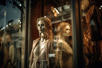 Fototapeta na wymiar Window shopping with manikin with vintage dress. Generative AI