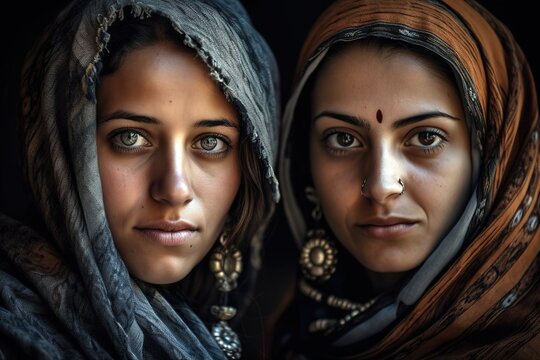 Berber beautiful women looking at camera on their traditional headscarf. Generative AI
