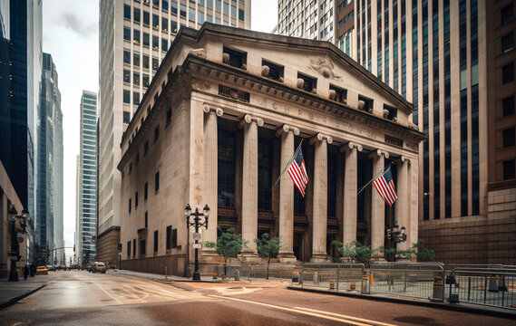 Federal Reserve Bank of Chicago. American flag on Federal Reserve Bank. Federal Reserve and Global banking crisis. Collapse of dollar and exchange rate. Bank failure, Banking collapse, Ai generative