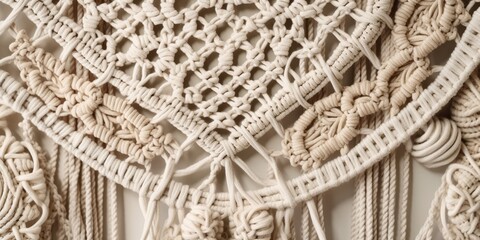 intricate macrame wall hanging showcasing complex knotting patterns and texture of natural fibers, concept of Textured Artwork, created with Generative AI technology