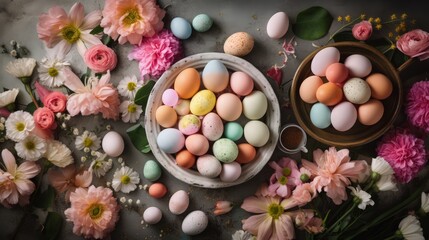 Obraz na płótnie Canvas Decorative easter table with painted eggs and flowers, Generative AI