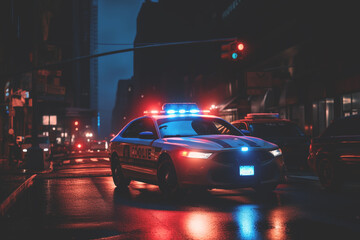Fototapeta na wymiar Police lights and Police car in New York. Police car with red and blue emergency. Emergency vehicle lighting. LED blinker flasher Police car. Road traffic jam accident. Crime in City. Ai Generative