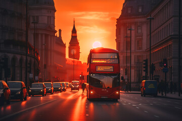 Red bus on road in London near Big Ben Clock Tower. Road traffic in London city. Big Ben in London on sunset. Red bus on City streets in England, UK, United Kingdom. Ai generative illustration. - obrazy, fototapety, plakaty