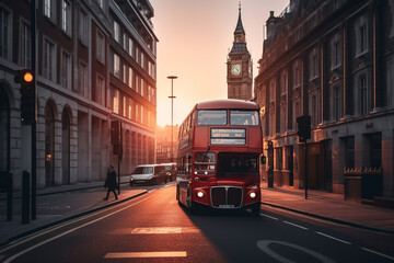 Plakat Red bus on road in London near Big Ben Clock Tower. Road traffic in London city. Big Ben in London on sunset. Red bus on City streets in England, UK, United Kingdom. Ai generative illustration.