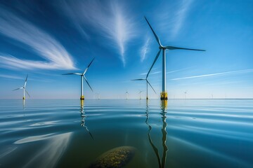 Wind turbines farm on a calm water of a lake. Ai generated.