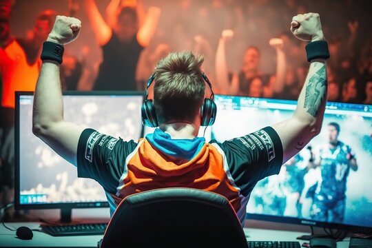 Young e-sports player raises his arms in victory sign. Ai generated.