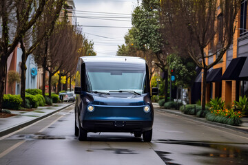 Obraz premium Electric Van Delivering on road. Driver of Electric cargo van delivers the parcel to the customer. Modern Delivery truck. Electric delivery van in New York City. Ai Generative illustration.