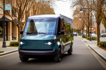Obraz premium Electric Van Delivering on road. Driver of Electric cargo van delivers the parcel to the customer. Modern Delivery truck. Electric delivery van in New York City. Ai Generative illustration.