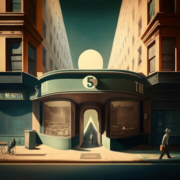 Book store in an Edward Hooper style painting featuring the number "5" (Generative AI)