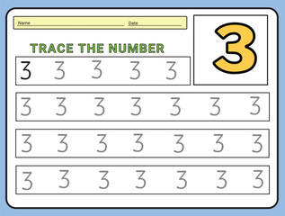 Numbers 3 tracing  practice worksheet. Learning Number activity page Printable template Vector illustrations