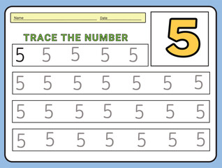 Numbers 5 tracing  practice worksheet. Learning Number activity page Printable template Vector illustrations