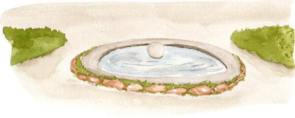 Watercolor background, entrance of a house with fountain, landscape