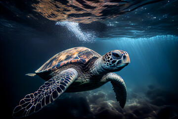 Fototapeta premium Turtle underwater in the sea. Sea Turtle swims underwater. Green sea turtles, Tenerife in the Canary Islands, Generative AI illustration.