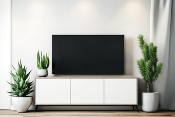 modern living room interior with mockup television tv on wall and green plants. generative AI