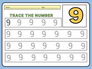 Numbers 9 tracing  practice worksheet. Learning Number activity page Printable template Vector illustrations