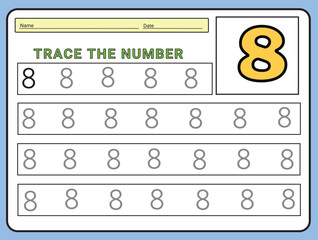 Numbers 8 tracing  practice worksheet. Learning Number activity page Printable template Vector illustrations