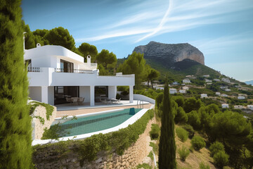 Villa in Altea Hills, Spain, Costa Blanca. Luxyry villa with swimming pool in mountains. Modern apartment buildings, House Facade exterior design. Ai generative illustration. - obrazy, fototapety, plakaty