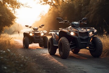 Obraz na płótnie Canvas Two quad bikes are driving on a dirt road with a sunset in the background Generative AI