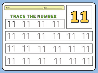 Numbers 11 tracing  practice worksheet. Learning Number activity page Printable template Vector illustrations