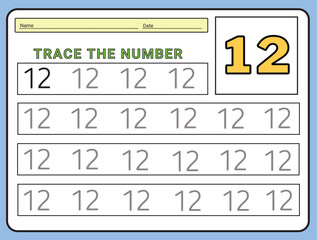 Numbers 12 tracing  practice worksheet. Learning Number activity page Printable template Vector illustrations