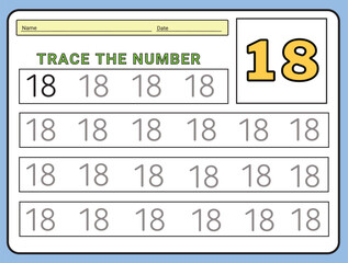Numbers 18 tracing  practice worksheet. Learning Number activity page Printable template Vector illustrations