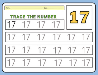 Numbers 17 tracing  practice worksheet. Learning Number activity page Printable template Vector illustrations