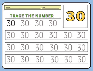 Numbers 30 tracing  practice worksheet. Learning Number activity page Printable template Vector illustrations