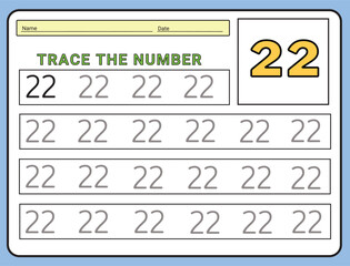 Numbers 22 tracing  practice worksheet. Learning Number activity page Printable template Vector illustrations