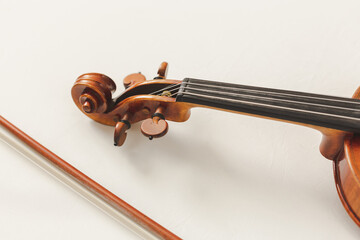 Beautiful Violin Headstock with Brown Tuning Pegs and Black Fingerboard - obrazy, fototapety, plakaty