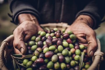 Olive Harvest. Harvesting olives on a plantation. Olives in hands during the harvest in Spain.