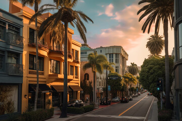 Fototapeta na wymiar Beverly Hills on sunset. Car traffic on street in city of California, USA. Luxury car on Beverly Hills street. Streets with palm trees in California, Los Angeles, Hollywood. Ai generative illustration