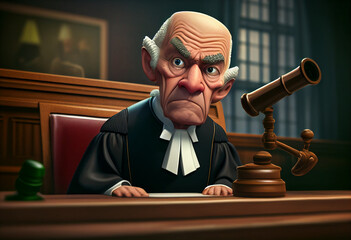 Cartoon character judge with a judge gavel in courtroom. Angry cartoon judge on court during court session. Court of Justice in cartoon courthouse. Cartoon man on meeting. Ai Generative illustration