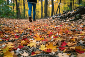 Person Hiking in an Autumn Forest with Colorful Leaves on the Ground generative AI 