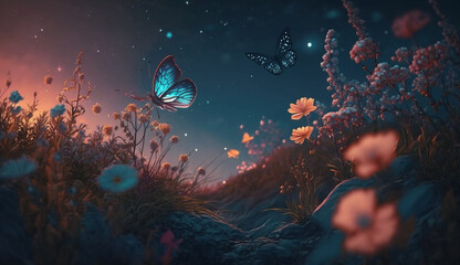 Fototapeta na wymiar Abstract and magical image of glitter butterfly flying in the night forest. Fairy tale concept