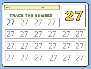Numbers 27 tracing  practice worksheet. Learning Number activity page Printable template Vector illustrations