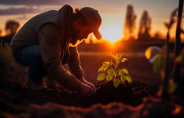 Planting a tree in ground. Spring Seeding. Planting seeds in soil. Small tree in the ground in the garden at sunset. Growth bush with leaves in farm. Agriculture plant seeding and growing. AI Generate