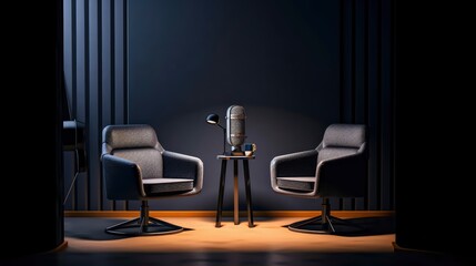 Two chairs on a stage with a microphone on the table. Generative AI