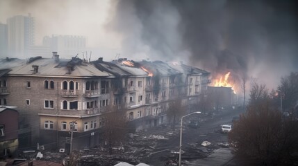 Smoke rise from burning bombed destroyed buildings in ukranian city. Generative AI