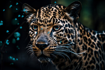 Serious look brutal, Amur leopard, powerful motley big cat looks straight through the eyes of a predator hunting for a prey. Generative AI