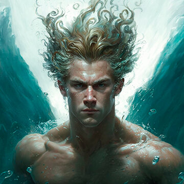 Illustration of a powerful merman underwater with floating hair serious expression 